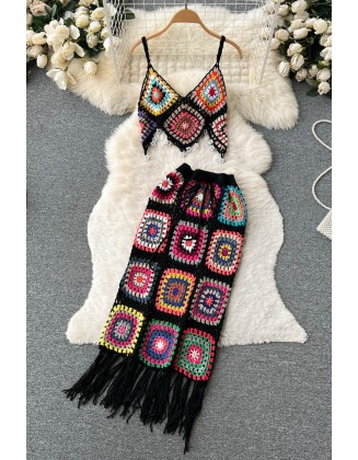 Hook Design Two Piece Knitted Set Irregular Camisole Hollow Out Elastic Waist Long Skirt Vacation Fashion Tassel Suits