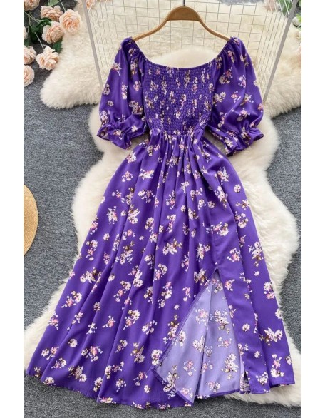 Women Dress Fashion Romantic Floral Print Split Long Dress