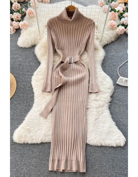 Women Dress Elegant Turtleneck Knitted Sweater Dress with Belt Lady Wrap Hips Bodycon