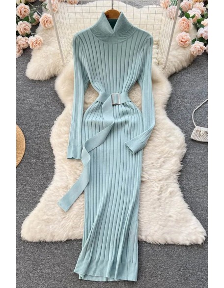 Women Dress Elegant Turtleneck Knitted Sweater Dress with Belt Lady Wrap Hips Bodycon