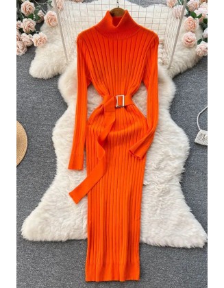 Women Dress Elegant Turtleneck Knitted Sweater Dress with Belt Lady Wrap Hips Bodycon