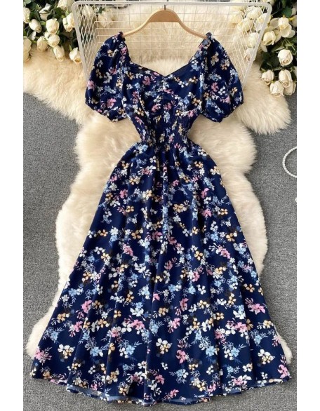 Women Dress Fashion V-Neck Puff Sleeve Floral Print Elastic Corset Dress