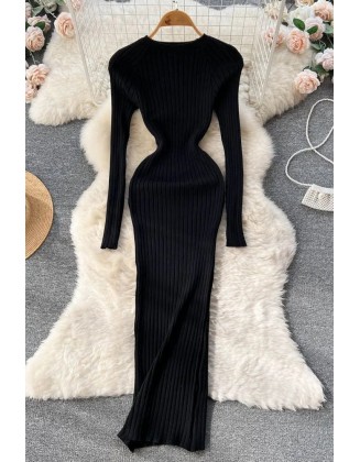 Women Long Sleeve Knitted Dress O Neck Slim Elastic Oversized Bodycon Sweater Dress