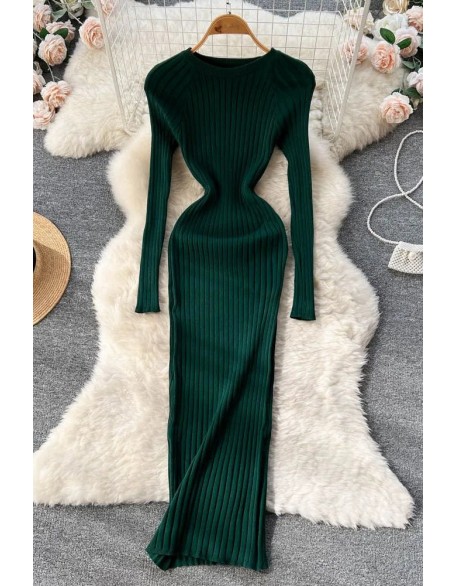 Women Long Sleeve Knitted Dress O Neck Slim Elastic Oversized Bodycon Sweater Dress