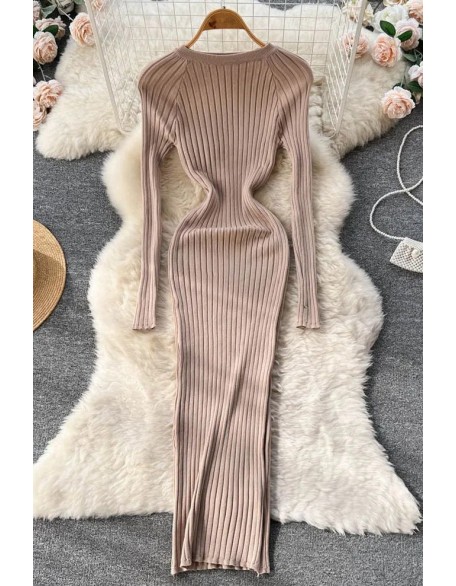 Women Long Sleeve Knitted Dress O Neck Slim Elastic Oversized Bodycon Sweater Dress