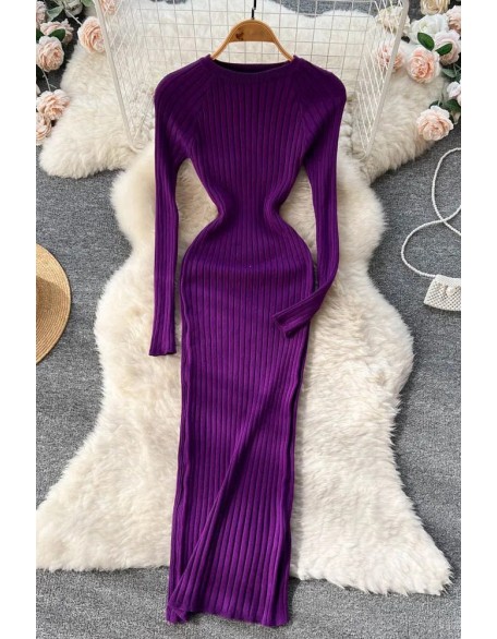 Women Long Sleeve Knitted Dress O Neck Slim Elastic Oversized Bodycon Sweater Dress