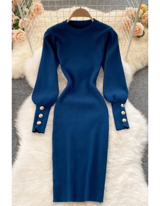 Elegant Buttons Puff Sleeve Women Dress Fashion O-Neck Knit Dress