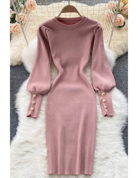 Elegant Buttons Puff Sleeve Women Dress Fashion O-Neck Knit Dress