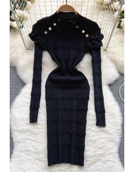 Fashion Ruffled Long Sleeve Dress For Women Slim Elastic Knitted Sweater Dress