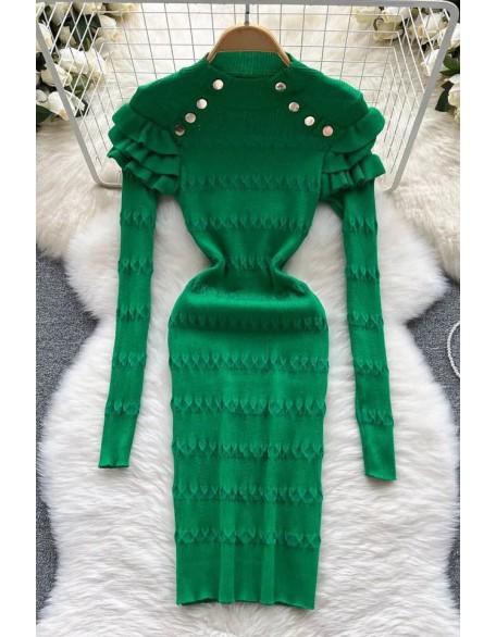 Fashion Ruffled Long Sleeve Dress For Women Slim Elastic Knitted Sweater Dress