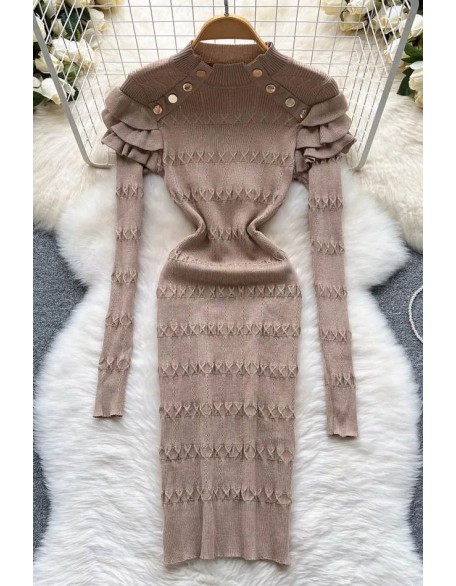 Fashion Ruffled Long Sleeve Dress For Women Slim Elastic Knitted Sweater Dress