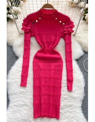 Fashion Ruffled Long Sleeve Dress For Women Slim Elastic Knitted Sweater Dress