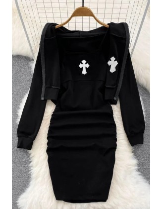 Women Dress Set Fashion Wrap Hips Mini Dress And Full Sleeve Hooded Short Coats Two Piece