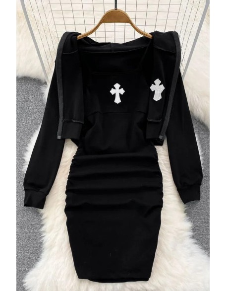 Women Dress Set Fashion Wrap Hips Mini Dress And Full Sleeve Hooded Short Coats Two Piece