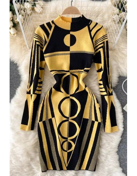 Knitted Bodycon Dress Women Geometric Yellow Long Sleeve Office Style Elegant Ladies Dress