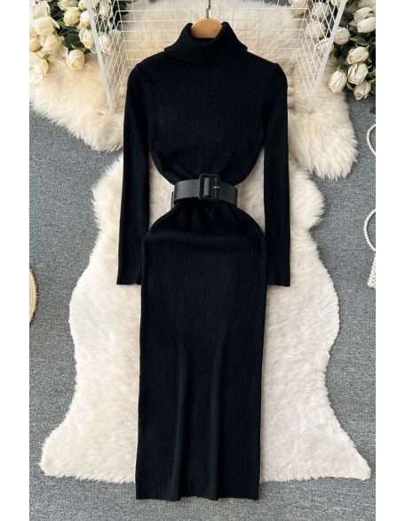 Knitted Women Dress Chic Elegant Turtleneck Long Sweater Dress with Belt Lady Package Hips Bodycon Dress