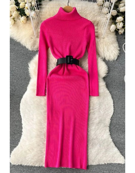 Knitted Women Dress Chic Elegant Turtleneck Long Sweater Dress with Belt Lady Package Hips Bodycon Dress