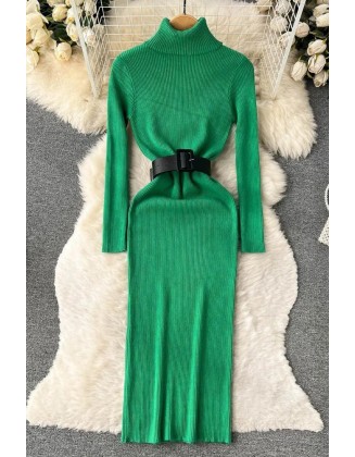 Knitted Women Dress Chic Elegant Turtleneck Long Sweater Dress with Belt Lady Package Hips Bodycon Dress