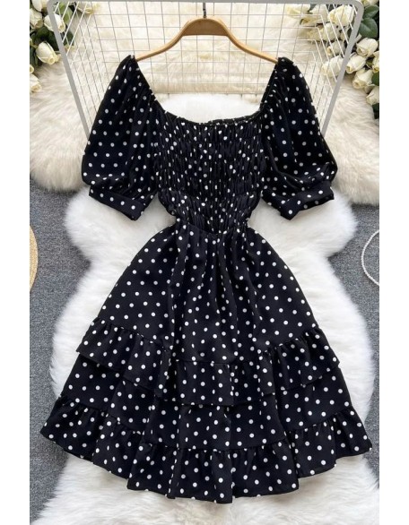 High Fashion Elegant Cascading Ruffles Dress Women Vintage Puff Sleeve Print Polka Dot Short Party Dress