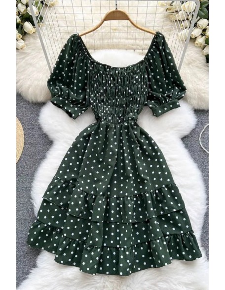 High Fashion Elegant Cascading Ruffles Dress Women Vintage Puff Sleeve Print Polka Dot Short Party Dress