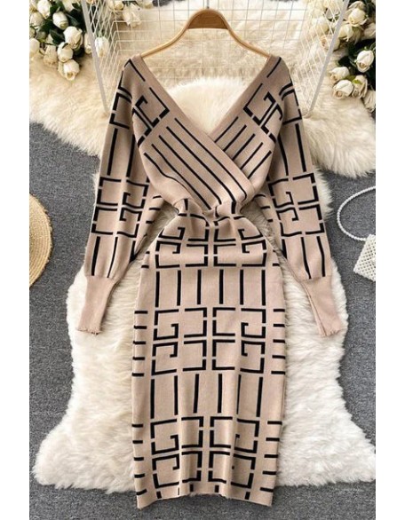 Women Knitted Dress V-neck Geometric Bodycon Sweater Dress