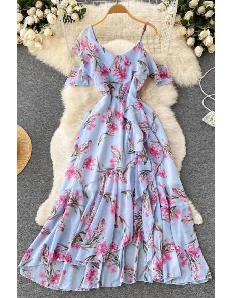 Romantic Women Ruffles Split Chiffon Beach Dress Elegant Flower Print One-Shoulder Vacation Long Dress