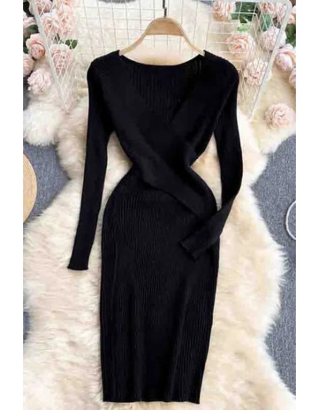 Lady Elegant V-neck Cross Slim Waist Women Dress Long Sleeve Knitted Sweater Dress