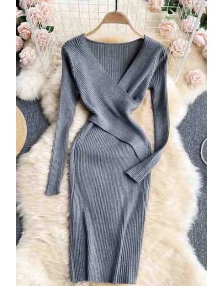 Lady Elegant V-neck Cross Slim Waist Women Dress Long Sleeve Knitted Sweater Dress