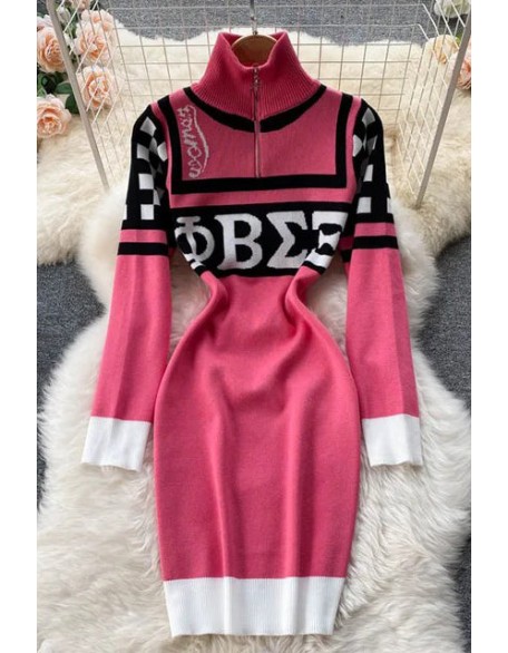 Fashion Sweater Dress Women Letters Print  Stretchy Knitted Dress Streetwear Zipper Fly Bodycon Dress