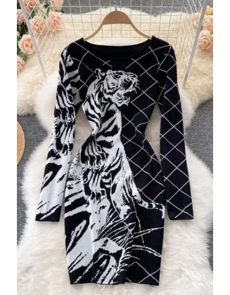 Fashion Tiger Knitted Dress Animal Jacquard Sweater Dress Party Bodycon Festival Women Dress