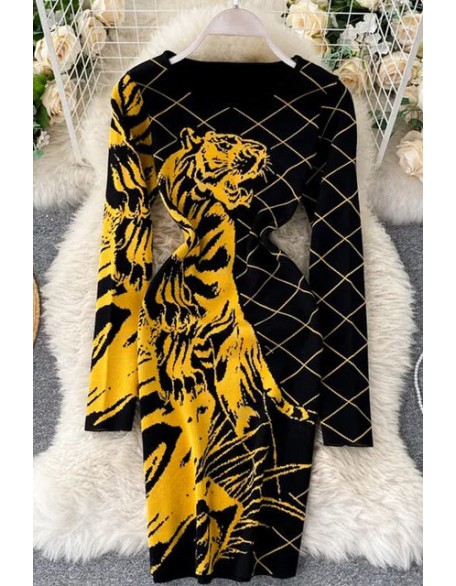 Fashion Tiger Knitted Dress Animal Jacquard Sweater Dress Party Bodycon Festival Women Dress