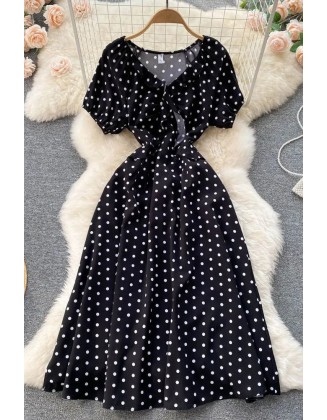 Women Print Polka Dot Dress Retro Puff Sleeve V-neck Elegant Dress