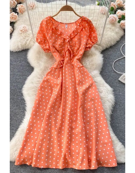 Women Print Polka Dot Dress Retro Puff Sleeve V-neck Elegant Dress