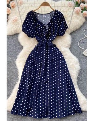 Women Print Polka Dot Dress Retro Puff Sleeve V-neck Elegant Dress