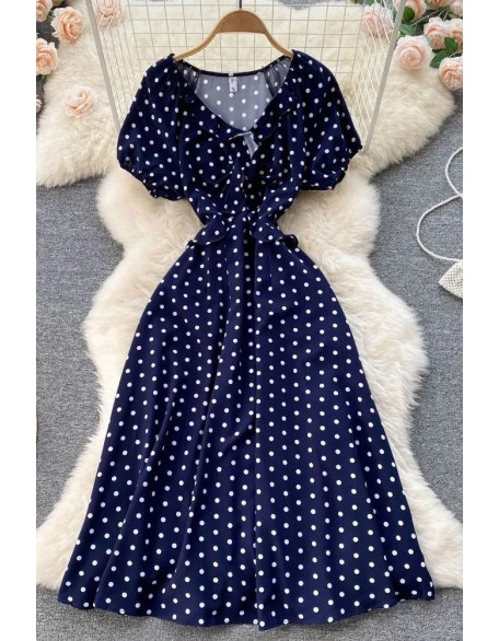 Women Print Polka Dot Dress Retro Puff Sleeve V-neck Elegant Dress