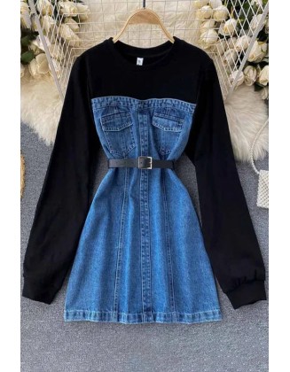 Women Hoodies Denim Dress Fashion Long Sleeve Cotton Patchwork Mini Jeans Dress With Belt