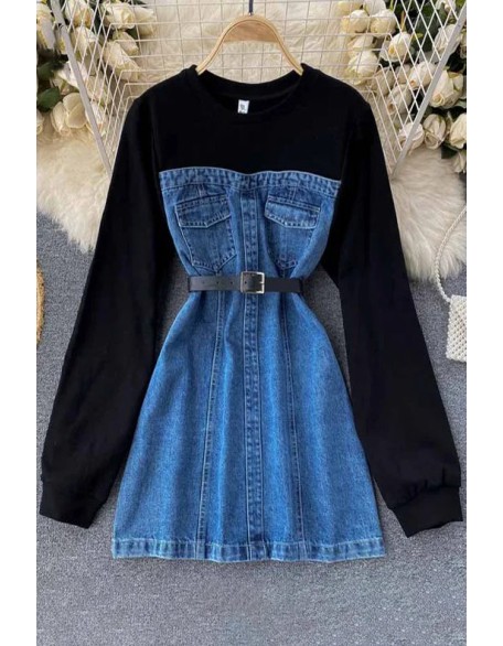 Women Hoodies Denim Dress Fashion Long Sleeve Cotton Patchwork Mini Jeans Dress With Belt