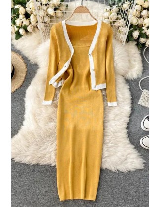 Women Two Piece Suits Long Sleeve Knitted Cardigans And Slim Elastic Spaghetti Strap Dress Elegant Office Sets