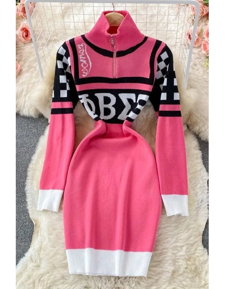 Fashion Letters Print Knitted Dress Women Streetwear Zipper Collar Short Bodycon Dress Casual Dress