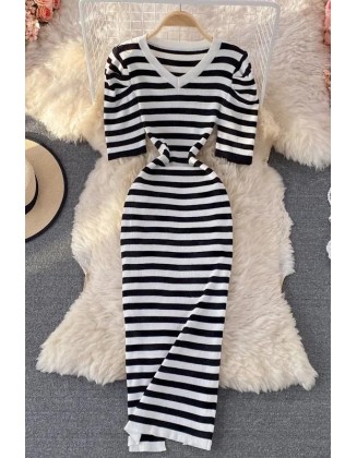 Women Elegant Puff Sleeve Stripes Knitted Long Dress Lady Package Hips Bodycon Dress