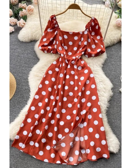 Big Polka Dot Long Women Dress Elegant Puff Sleeve Split Big Hem Dress