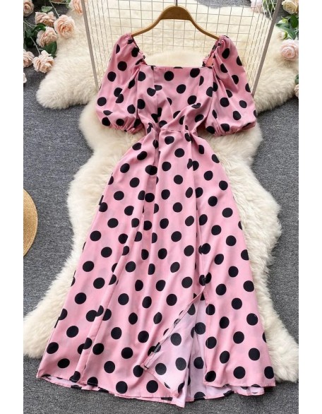 Big Polka Dot Long Women Dress Elegant Puff Sleeve Split Big Hem Dress