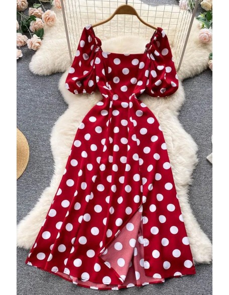 Big Polka Dot Long Women Dress Elegant Puff Sleeve Split Big Hem Dress