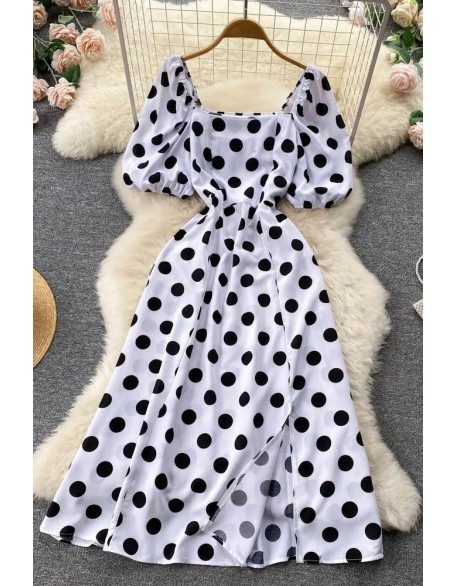 Big Polka Dot Long Women Dress Elegant Puff Sleeve Split Big Hem Dress