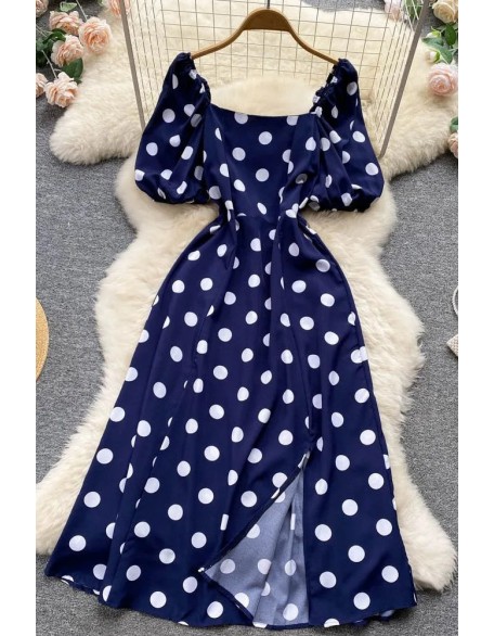 Big Polka Dot Long Women Dress Elegant Puff Sleeve Split Big Hem Dress