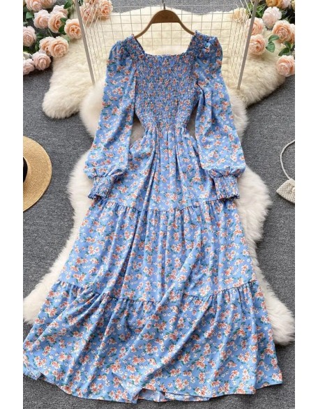 Women Dress Romantic Floral Print Long Puff Sleeve Maxi Dress