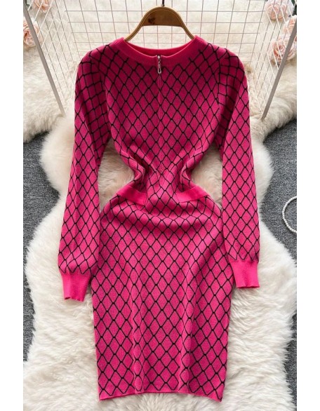 Fashion Geometric Knitted Vestidos Women Casual Long Sleeve Zipper O-neck Short Dress