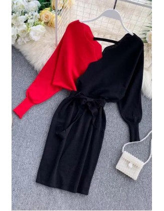 Elegant Sashes V Neck Knit Dress Women Backless Long Sleeve Sweater Dress