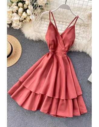 Fashion Sexy Backless Bow Bandage Beach Dress Women V-neck Strap Double Ruffles Short Dress