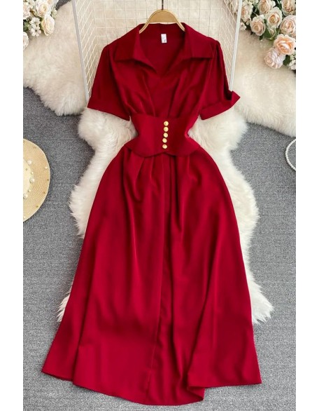 Women Elegant Buttons Slim Waist Long Dress Fashion Gothic Dress